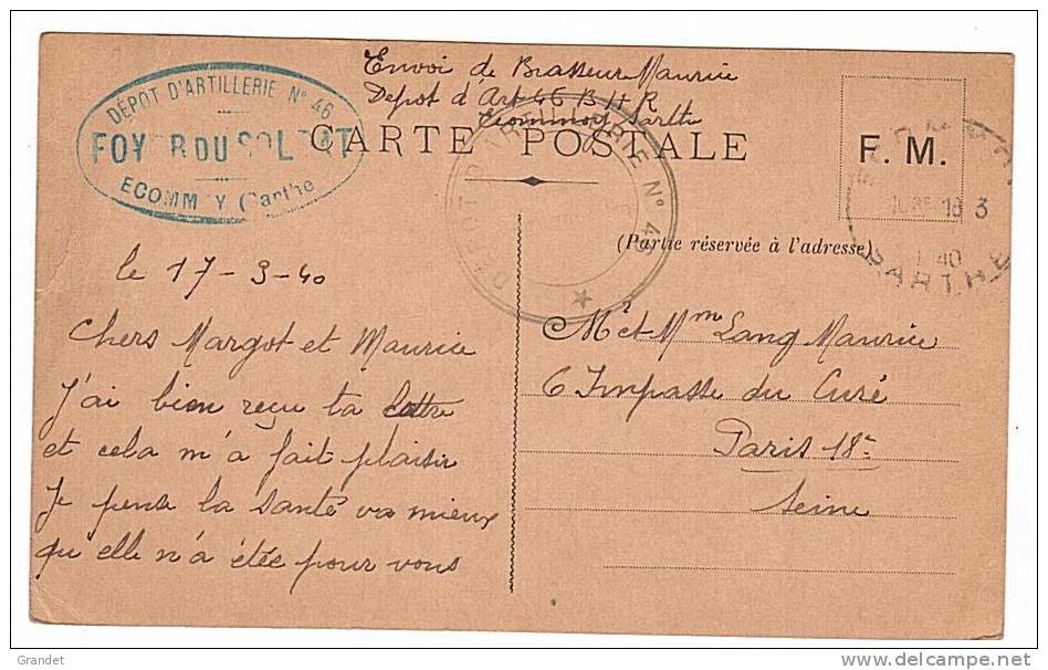 FRANCHISE MILITAIRE - WW2 - CORRESPONDANCE MILITAIRE - CPFM - ECOMMOY - 72 - 1940. - Guerre 1939-45