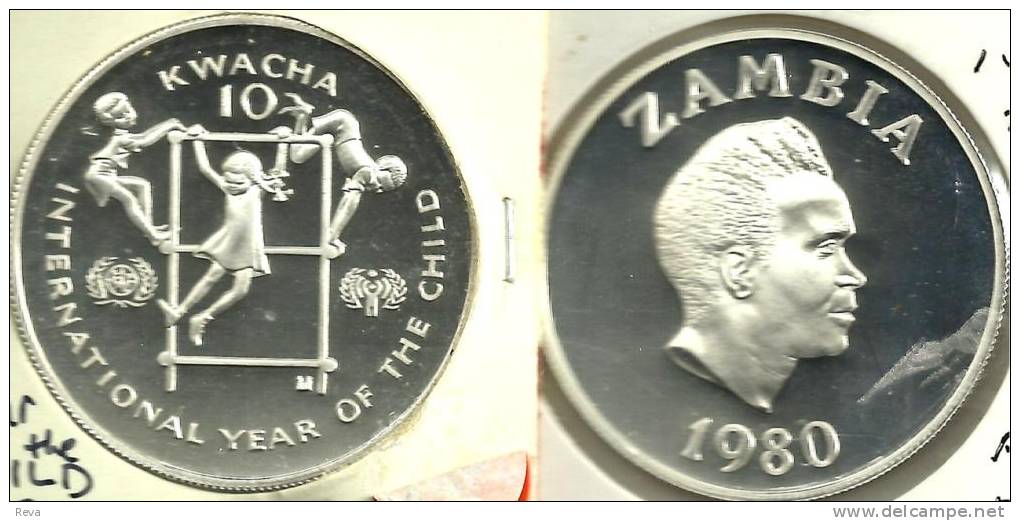 ZAMBIA 10 KWACHA YEAR OF CHILD FRONT MAN HEAD BACK 1980 PROOF SILVER KM21 READ DESCRIPTION CAREFULLY !!! - Zambie