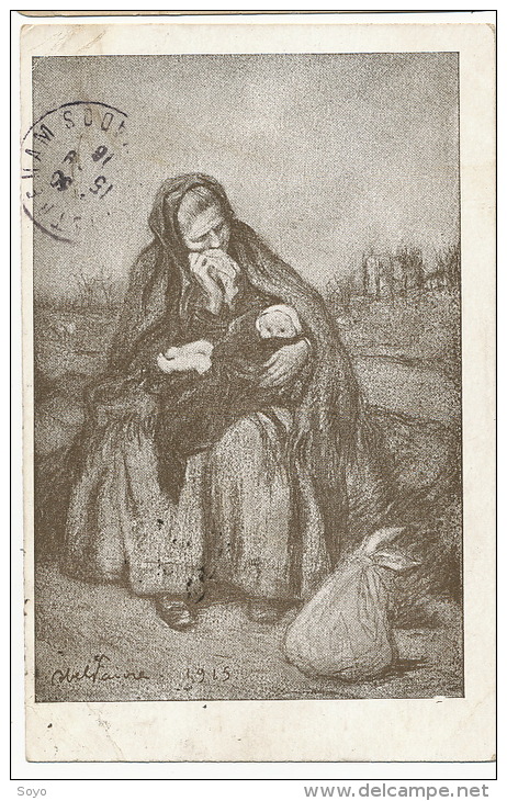 Abel Faivre Illustrateur Né A Lyon . Patriotique Guerre 14 1915 Femme Pleurant Et Son Enfant - Faivre