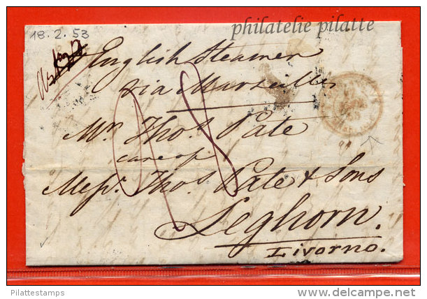 EGYPTE LETTRE D'ALEXANDRIE "ENGLISH STEAMER" VIA MARSEILLE ET ANTIBES DE 1853 POUR LIVOURNE ITALIE CERTIFICAT DU VACHAT - Voorfilatelie