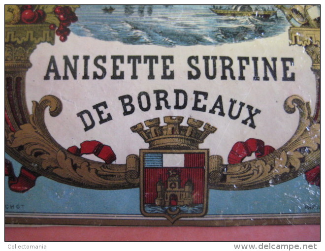 1 ETIQUETTE LITHO Parafiné - ANISETTE SURFINE DE BORDEAUX -  IMPRIMEUR E. PICHOT _ ANGES HOORN CORNE HARBOUR NAVIRES - Sailboats & Sailing Vessels