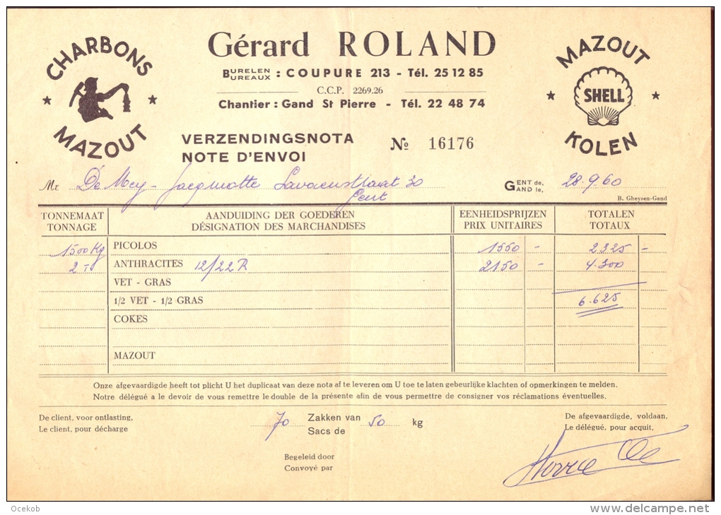 Factuur Charbons Kolen Mazout Gerard Roland - Gent 1960 - 1950 - ...