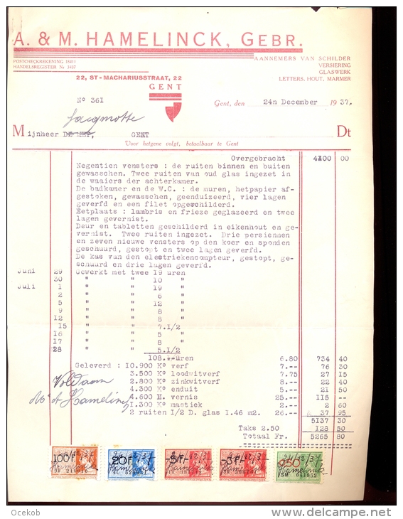 Factuur Brief Lettre Gent - Schilder A&M Hamelinck - 1937 - 1900 – 1949