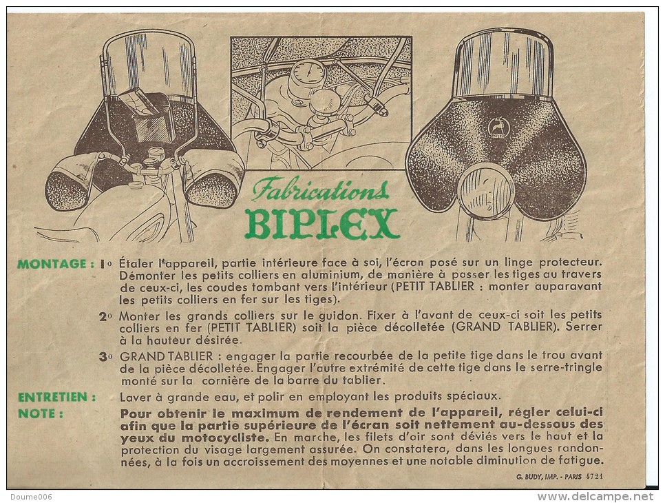 Depliant Publicitaire Ancienne Tablier Biplex Voir Scanne - Motor Bikes