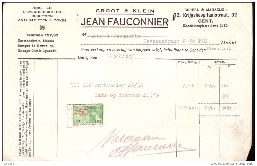 Factuur Brief Lettre Gent - Kolen - Jean Fauconnier - 1938 - 1900 – 1949