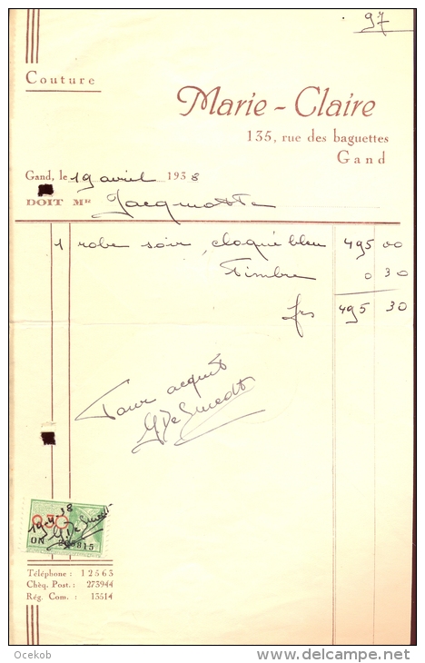 Factuur Brief Lettre Gent - Couture Marie Claire - Bagattenstraat 135 Gent 1938 - 1900 – 1949