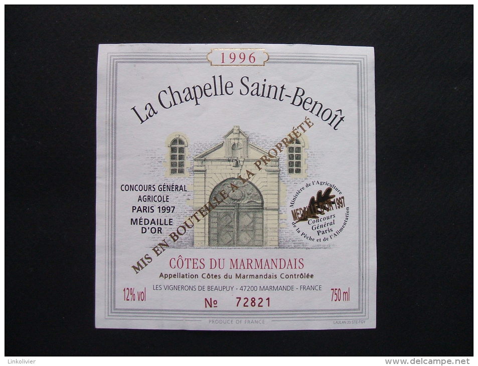 Etiquette De Vin : Côtes Du Marmandais - La Chapelle Saint-Benoît 1996 - Vignerons De Beaupuy à Marmande (47) - Architectuur