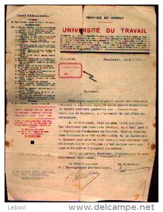 CHARLEROI - Université Du Travail - Lettre De Félicitation Adressée à TONGLET, Léon De MARCINELLE (1932) - Diplômes & Bulletins Scolaires