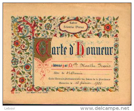 GOSSELIES - Ecole Des Sœurs De La Providence - Carte D’honneur Obtenue Par PROCES, Marthe (1933) - Diploma's En Schoolrapporten