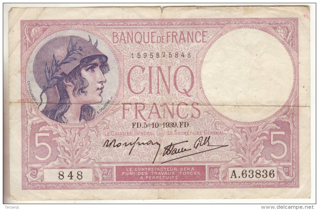 Billet De 5 Francs F Du 5.10;1939 - 5 F 1917-1940 ''Violet''