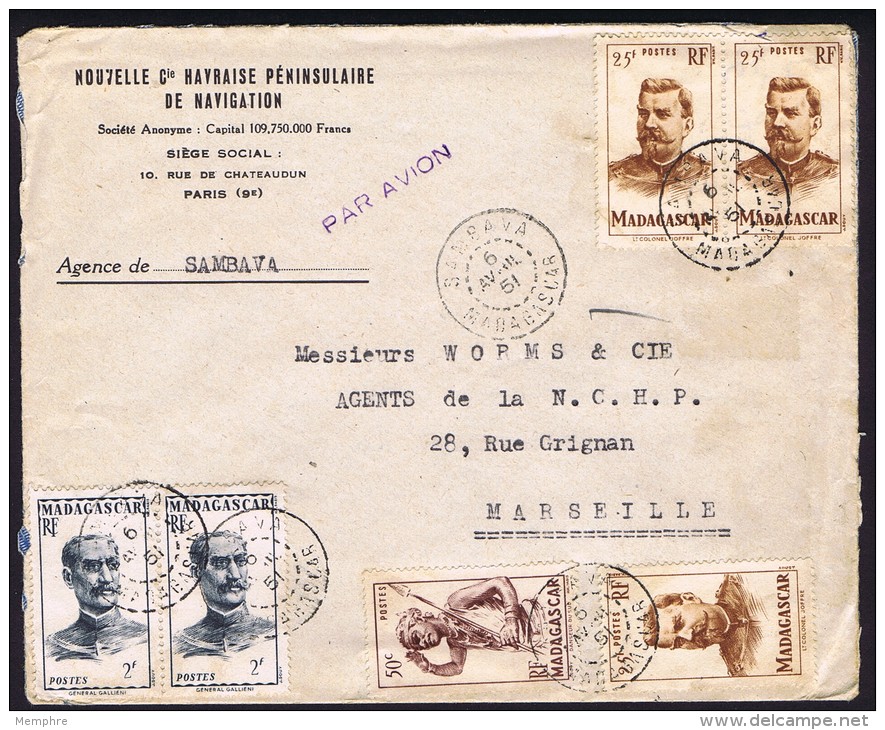 1951  Lettre Avion De Sambava Pour La France Yv  3303, 309 X2, 318 X3 - Lettres & Documents