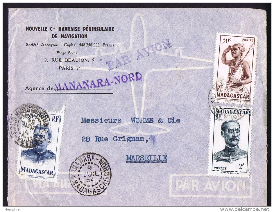 1954  Lettre Avion De Mananara-Nord  Pour La France Yv  303, 309, 317 - Lettres & Documents