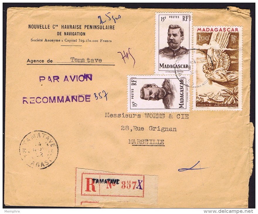 1952  Lettre Avion Recommandée  De Tamatave    Pour La France Yv   316 X2, PA64 - Covers & Documents