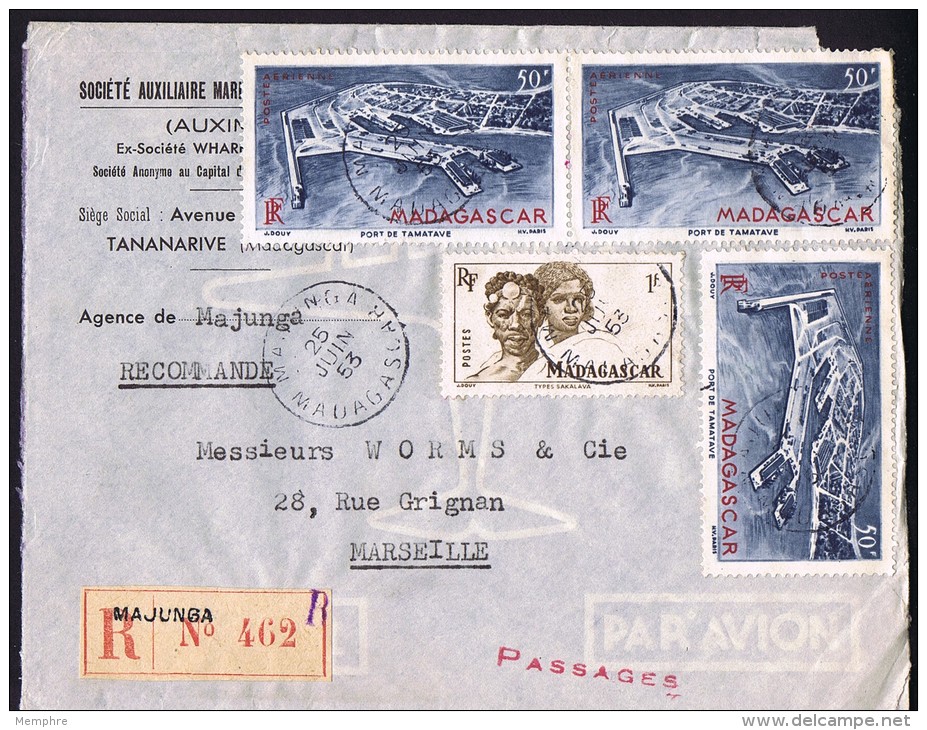 1953  Lettre Avion Recommandée  De  Majunga    Pour La France Yv  306, PA 63 X3 - Lettres & Documents