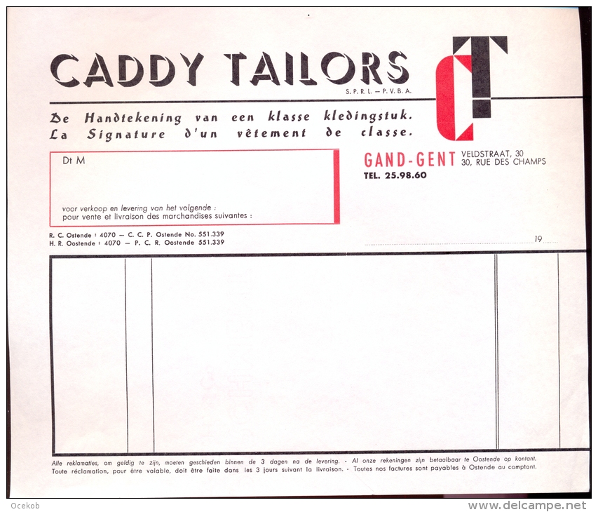 Factuur Brief Lettre Gent -  Caddy Tailors - Pub. Reclame Kledij - 1950 - ...