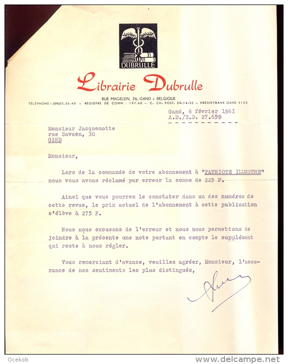 Factuur Brief Lettre Gent -  Boekhandel Librairie Dubrulle 1961 - 1950 - ...