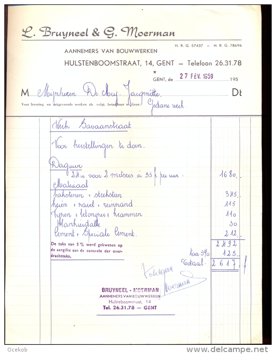 Factuur Brief Lettre Gent -  Aannemer Bouwwerken Bruyneel & Moerman 1959 - 1950 - ...