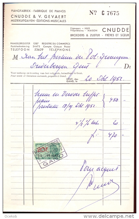 Factuur Brief Lettre Gent -  Pianofabriek Cnudde & Gevaert 1952 - 1950 - ...