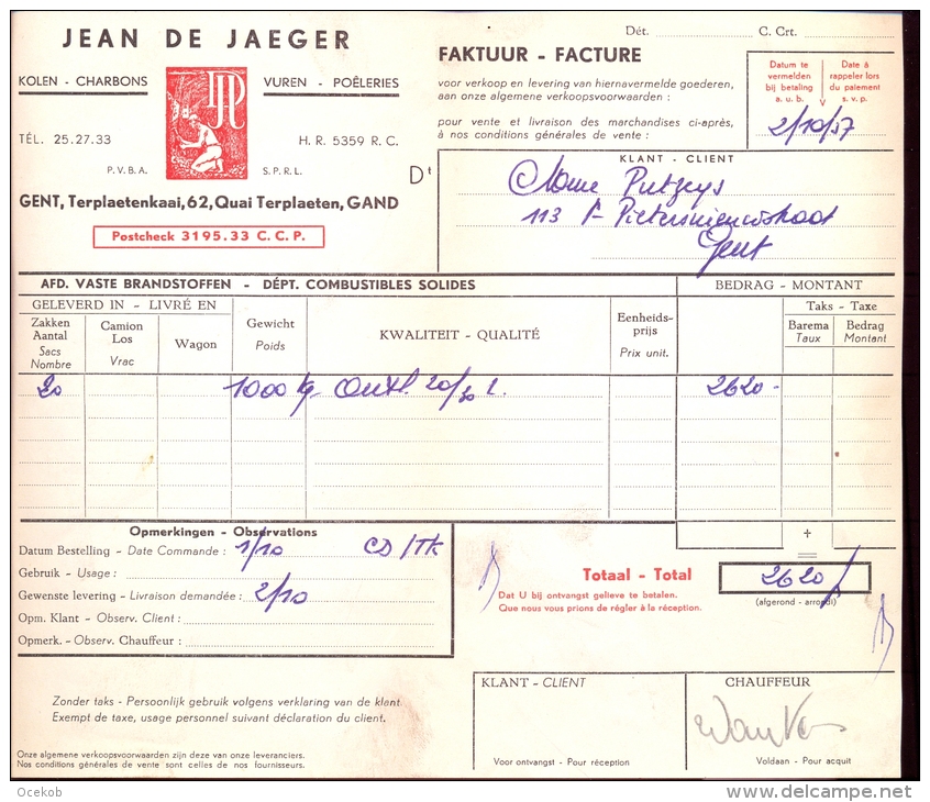 Factuur Brief Lettre Gent - Jean De Jaeger - Kolen Charbons - 1957 - 1950 - ...