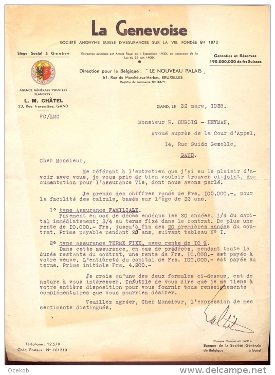 Factuur Brief Lettre Gent - Assurances La Genevoise - 1938 - 1900 – 1949