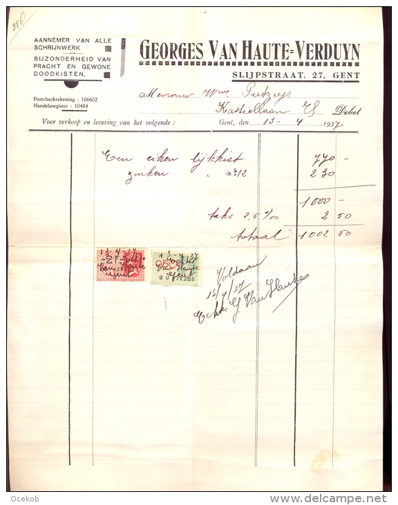 Factuur Brief Lettre Gent - Aannemer Schrijnwerkerij Georges Van Haute - Verduyn 1937 - 1900 – 1949