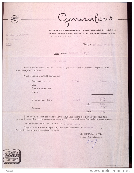 Factuur Brief Lettre Gent - Vervoer Generalcar - 1961 - 1950 - ...