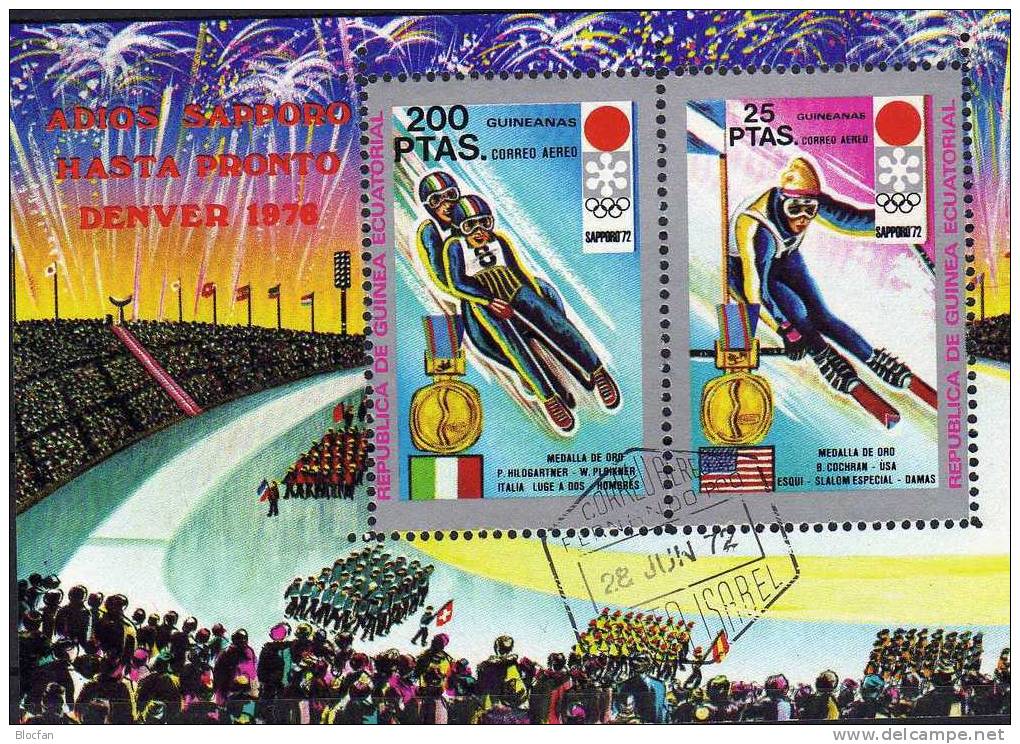 Olympic Winner Sapporo 1972 Äquator. Guinea 73A/B,Block 11 Plus 12 O 3€ Bf Winter Sport M/s Bloc Olympic Sheet Of Africa - Guinée Equatoriale