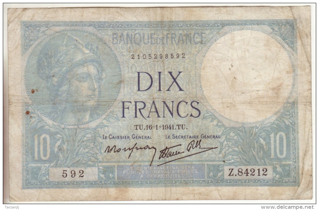 Billet De 10 Francs Minerve 16/1/1941 - 10 F 1916-1942 ''Minerve''