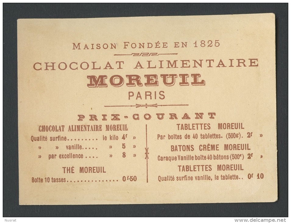 Chocolat Moreuil, Jolie Chromo Dorée  Lith. F. Appel, Scènes D´ivresse Orientaux Avec Grosse Bouteille - Autres & Non Classés