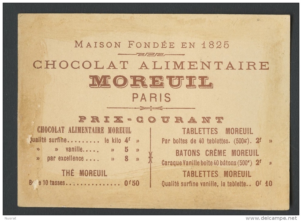 Chocolat Moreuil, Jolie Chromo Dorée  Lith. F. Appel, Scènes D´ivresse Orientaux Avec Grosse Bouteille - Autres & Non Classés