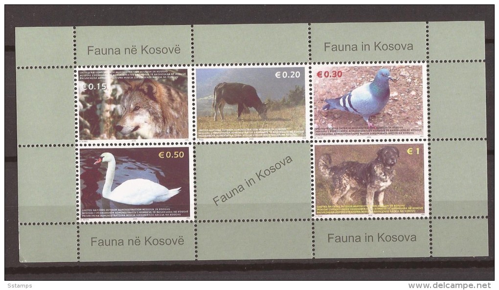 2006 X  45-49 BL-1 KOSOVO FAUNA WOLF HAUSRIND RINGELTAUBE COLOMBA HOECKERSCHWAN HAUSHUND MNH - Kosovo