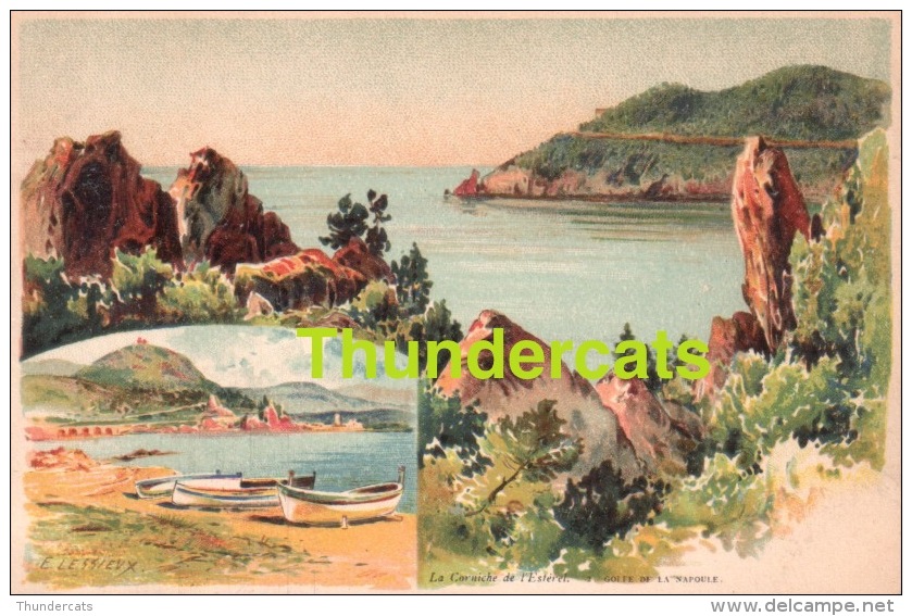 CPA ILLUSTRATEUR CARTE LITHO E. LESSIEUX  ** LA CORNICHE DE L'ESTEREL GOLFE DE NAPOULE  ** ARTIST SIGNED LITHO CARD - Lessieux