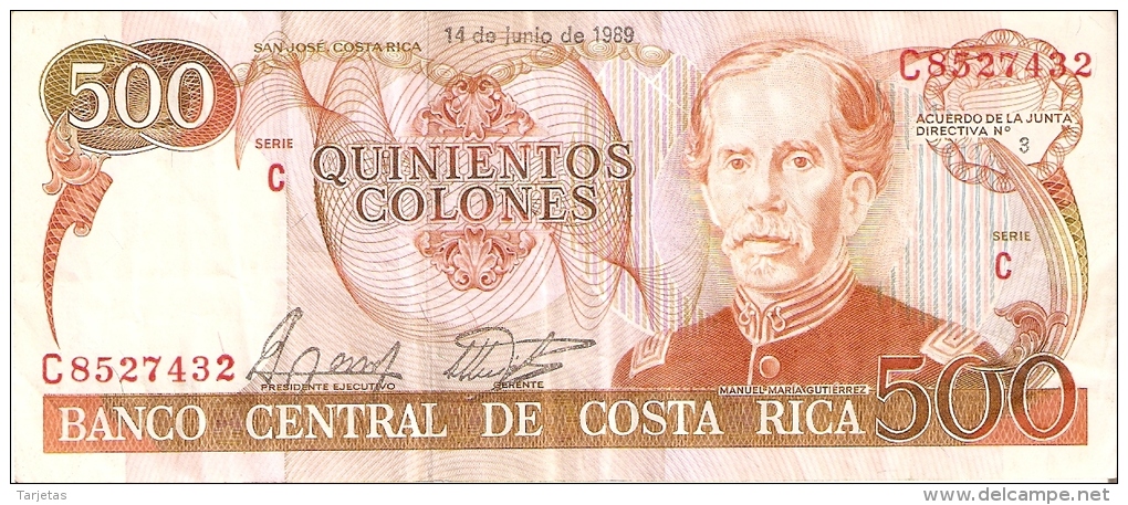 BILLETE DE COSTA RICA DE 500 COLONES AÑO 1989 SERIE C  (BANKNOTE) - Costa Rica