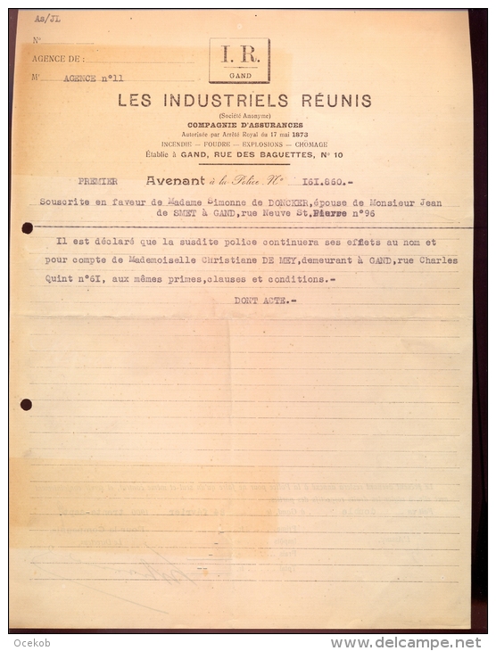 Factuur Brief Lettre Gent - Assurances Erzekeringen Les Industriels Réunis 1937 - 1900 – 1949