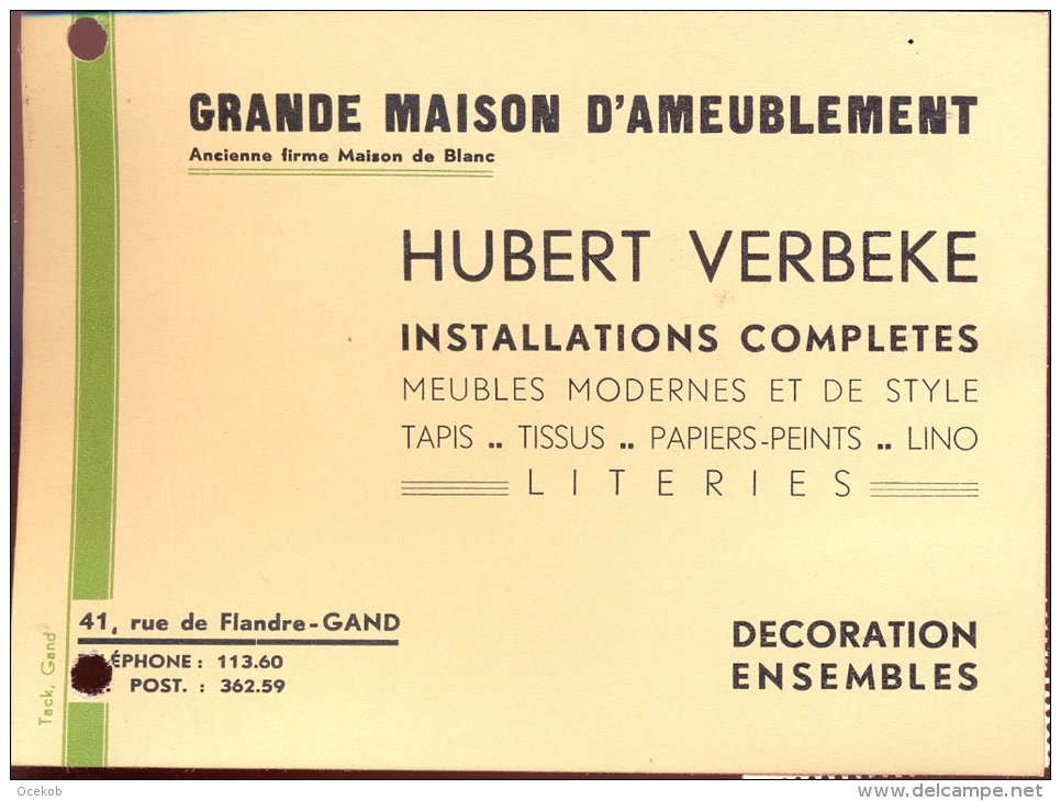 Pub. Reclame Kaart Hubert Verbeke Gent - Meubels - Cartes De Visite