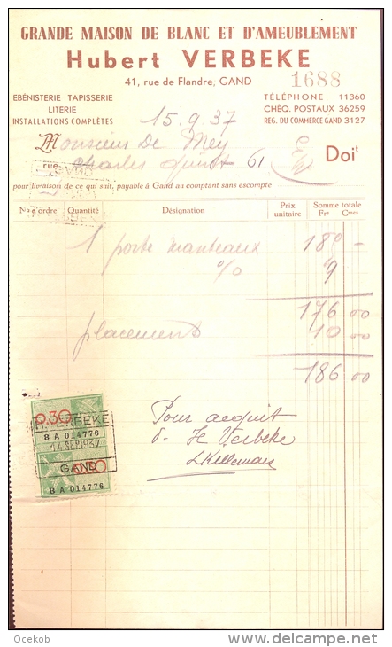 Factuur Brief Lettre Gent - Meubels - H. Verbeke 1937 - 1900 – 1949