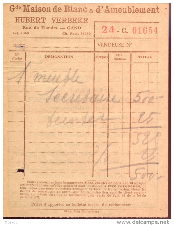 Factuur Brief Lettre Gent - Meubels - Maison De Blanc - H. Verbeke - 24 - 1900 – 1949