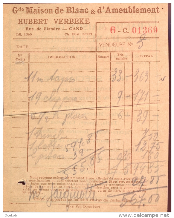 Factuur Brief Lettre Gent - Meubels - Maison De Blanc - H. Verbeke - 6 - 1900 – 1949
