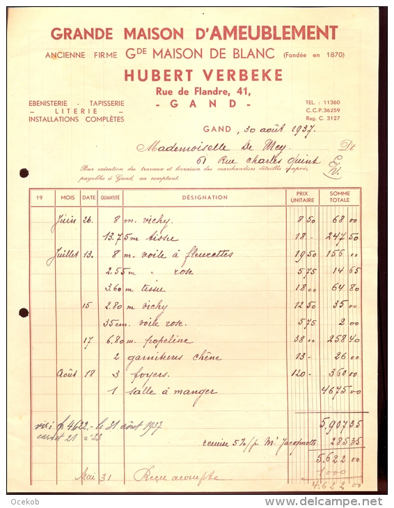 Factuur Brief Lettre Gent - Meubels - Maison De Blanc - H. Verbeke - 1937 - 1900 – 1949