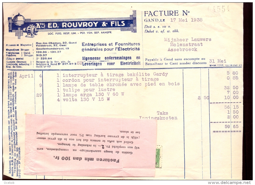 Factuur Brief Lettre Gent - Ed. Rouvroy & Fils - Electriciteit - 17 Mei 1938 - 1900 – 1949