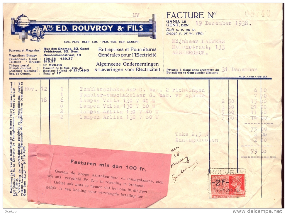 Factuur Brief Lettre Gent - Ed. Rouvroy & Fils - Electriciteit - 19 Dec 1938 - 1900 – 1949