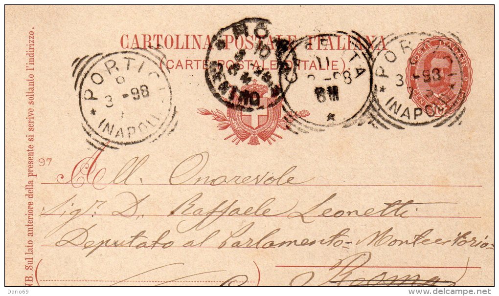 1898  CARTOLINA CON ANNULLO PORTICI NAPOLI - Interi Postali