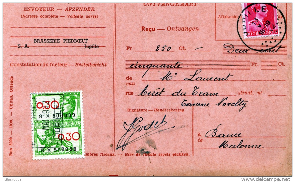 CARTE RECEPISSE   S.A. BRASSERIE PIEDBOEUF   JUPILLE - 1900 – 1949