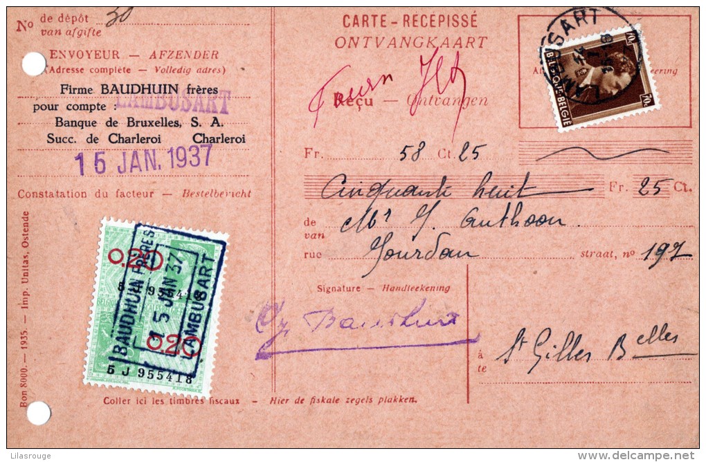 CARTE RECEPISSE  FIRME BAUDHUIN FRERES  BANQUE DE BRUXELLES   S.A. SUCC. DE CHARLEROI     A CHARLEROI - 1900 – 1949