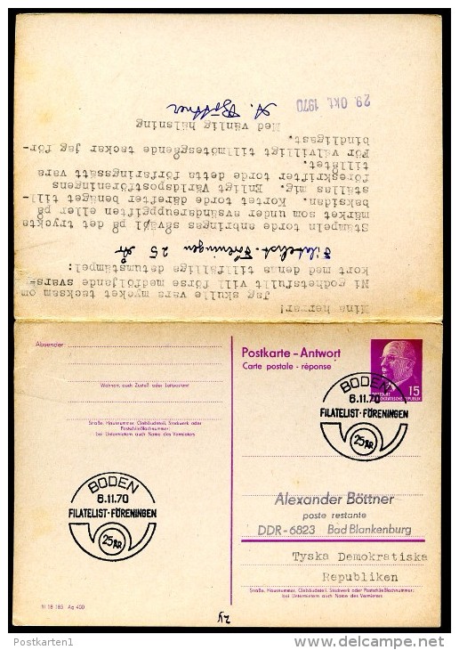 FILATELST-FÖRENINGEN BODEN Schweden 1970 On  East German Postal Card With Reply P74 - Other & Unclassified