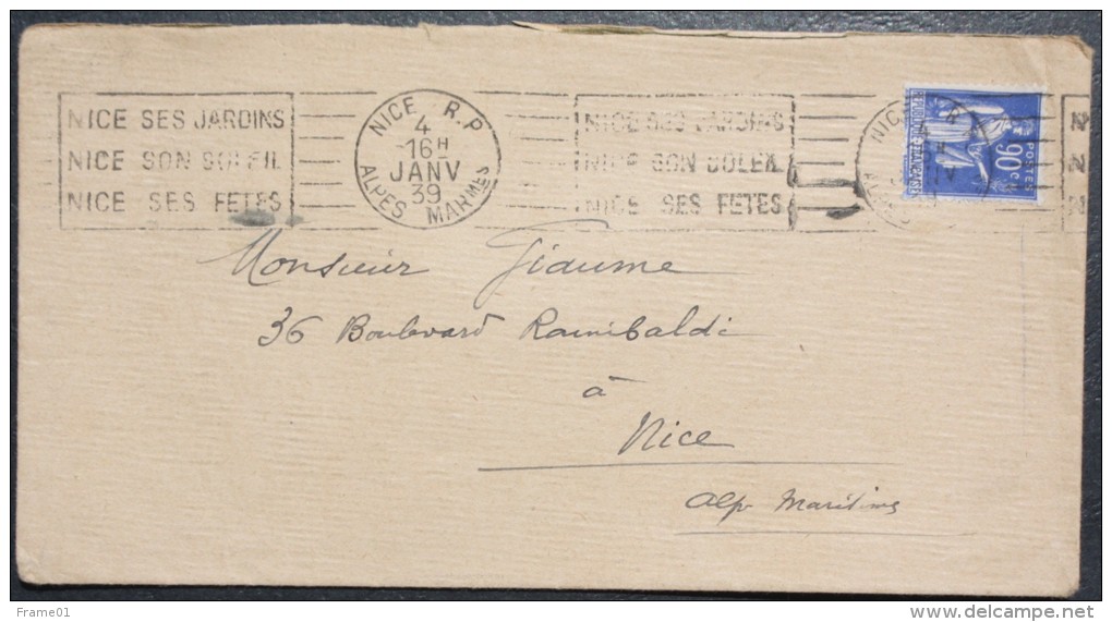 Enveloppe 1939  Nice RP  --&gt; Nice, Affr. 90 C Typr Paix YT 368 OMEC RBV Nice Ses Jardins Nice Son Soleil Nice Ses Fet - Lettres & Documents