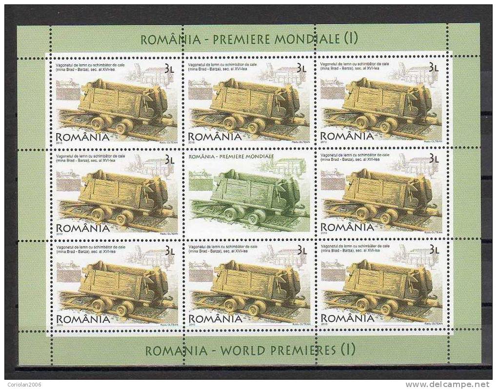 Romania 2010 / ROMANIA -WORLD PREMIERES (I) / Horizontal Wheel Mill, Mining Coach, Fountain Pen, Aerodinamic Automobile - Ongebruikt