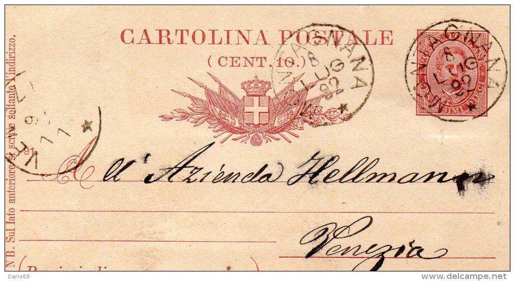 1892 CARTOLINA CON ANNULLO MONTAGNANA PADOVA - Stamped Stationery