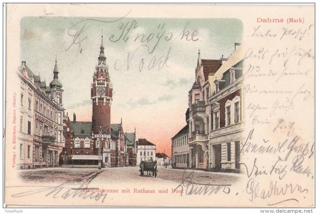 DAHME Mark Hauptstrasse Mit Rathaus Und Post Pferde Wagen Color 2.9.1904 Gelaufen - Dahme