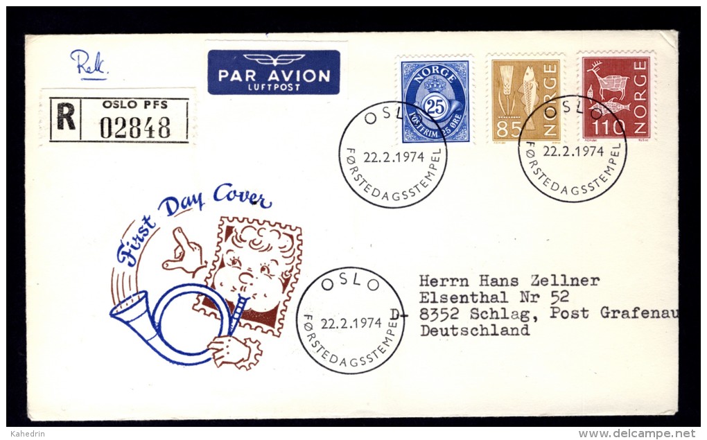 Norge / Norway 1972 + 1974, Registered FDC Sent To Germany. On The Backside Extra Stamps! - FDC